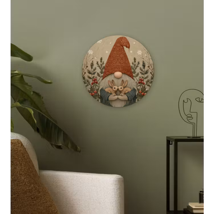 Kerstgnome - Konijntjes - Kleurrijk Wandcirkel kunststof plaat 5mm dik klein -sfeer3