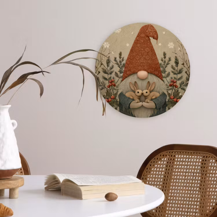 Kerstgnome - Konijntjes - Kleurrijk Wandcirkel kunststof plaat 5mm dik klein -sfeer4