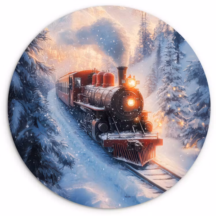 Kersttrein - Sneeuw - Winter - Kerst Wandcirkel kunststof plaat 5mm dik klein -3d
