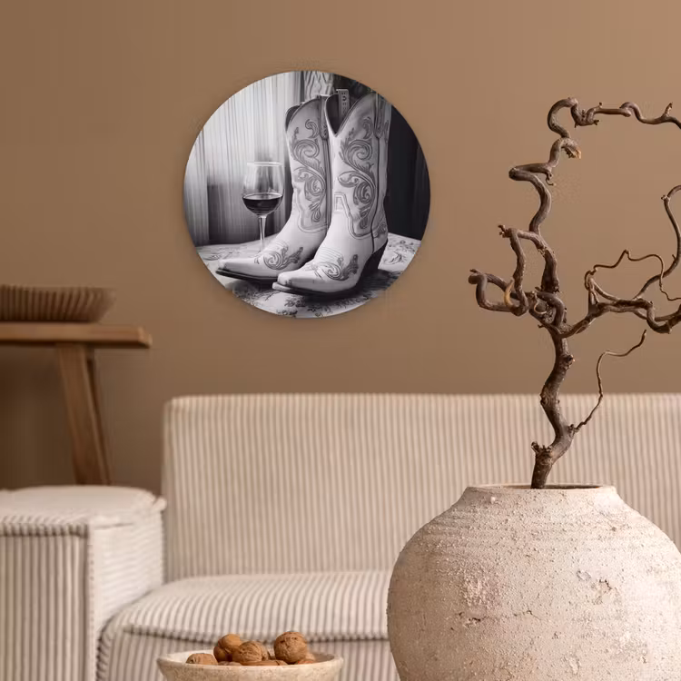 Wijn - Cowboylaarzen - Raamlicht - Wit Wandcirkel kunststof plaat 5mm dik klein -sfeer1