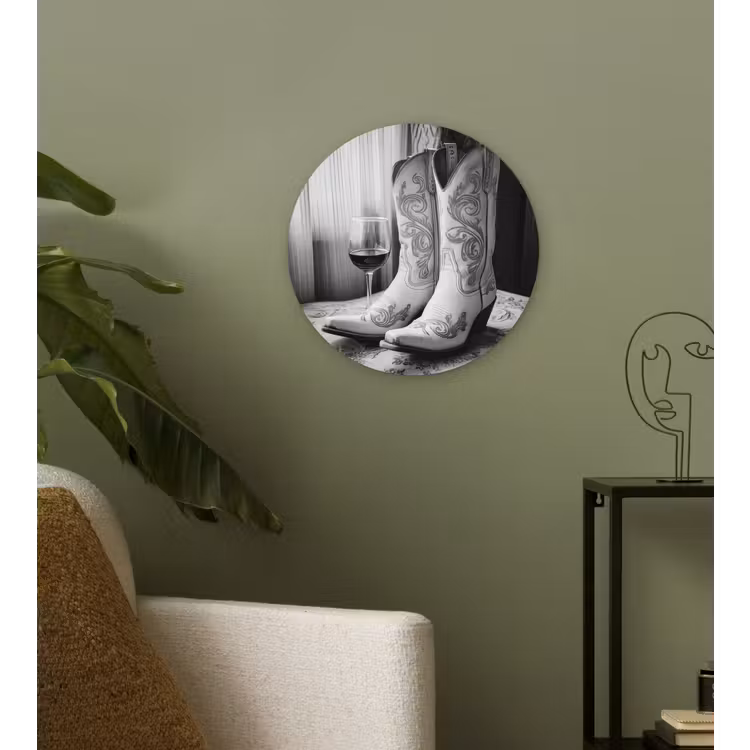 Wijn - Cowboylaarzen - Raamlicht - Wit Wandcirkel kunststof plaat 5mm dik klein -sfeer3