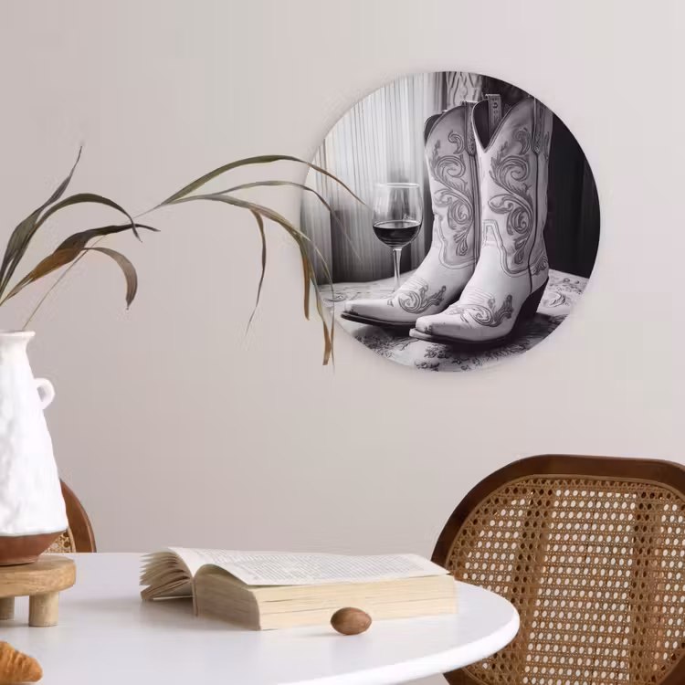 Wijn - Cowboylaarzen - Raamlicht - Wit Wandcirkel kunststof plaat 5mm dik klein -sfeer4