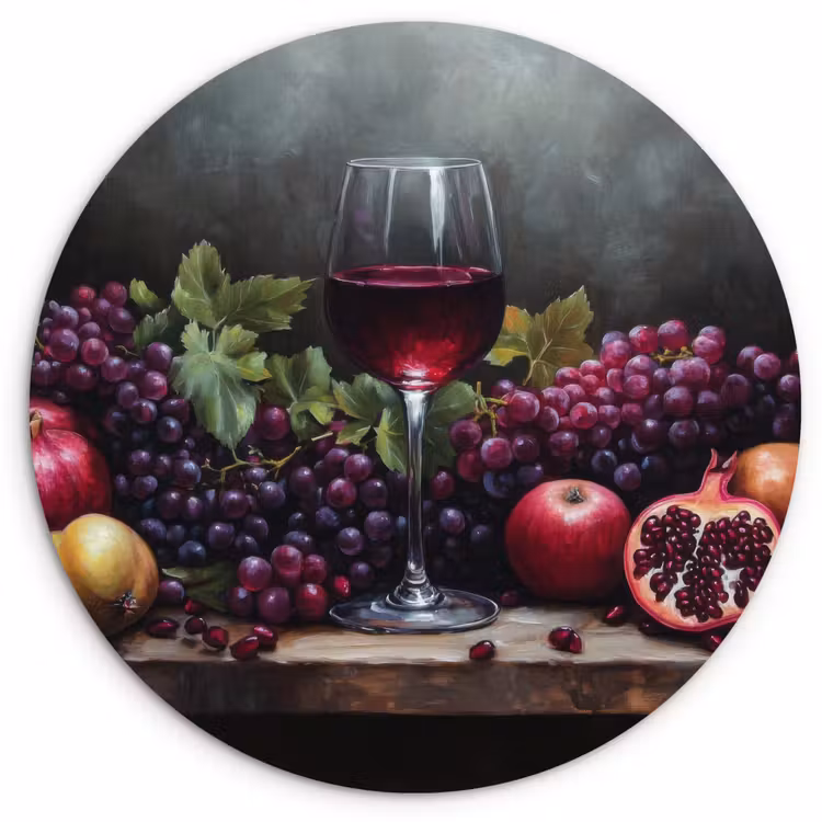 Wijn - Fruit - Stilleven Wandcirkel kunststof plaat 5mm dik klein -3d