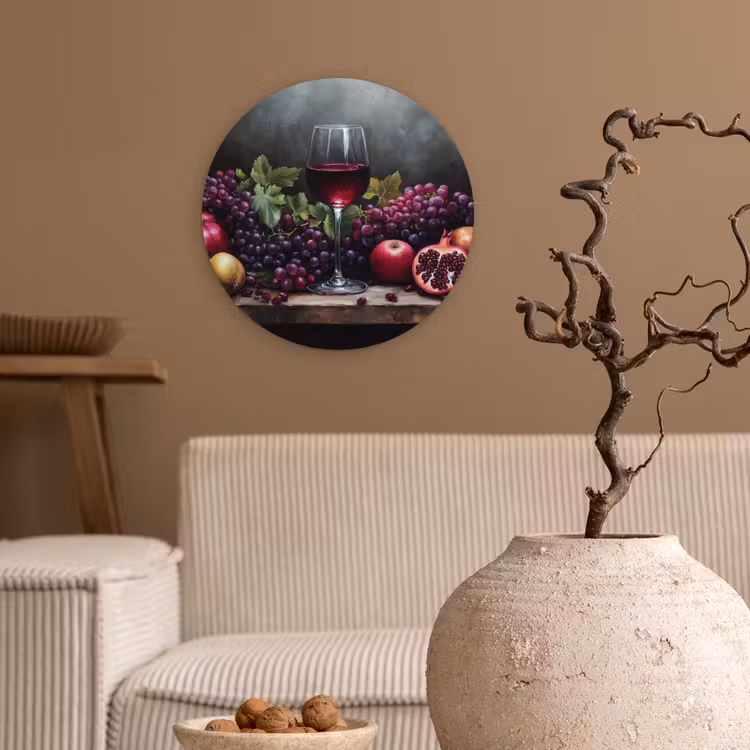 Wijn - Fruit - Stilleven Wandcirkel kunststof plaat 5mm dik klein -sfeer1