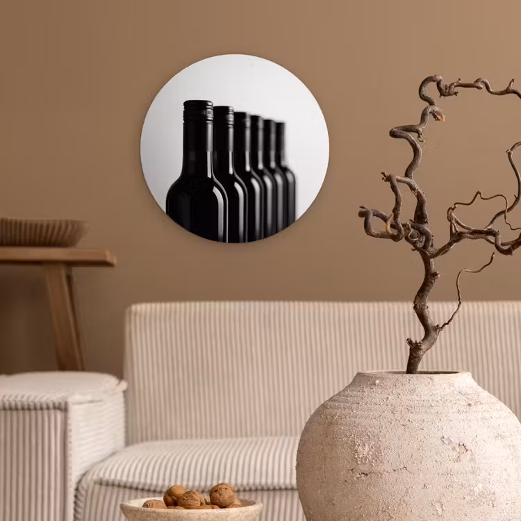 Wijnflessen - Zwart - Minimalistisch Wandcirkel kunststof plaat 5mm dik klein -sfeer1