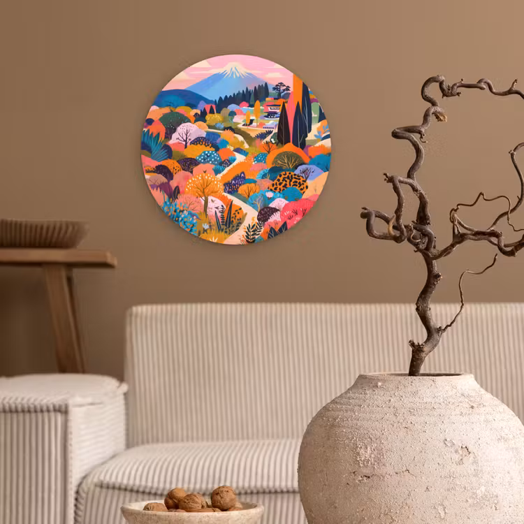 Witte bergtop - Modern - Kleurrijk Wandcirkel kunststof plaat 5mm dik klein -sfeer1