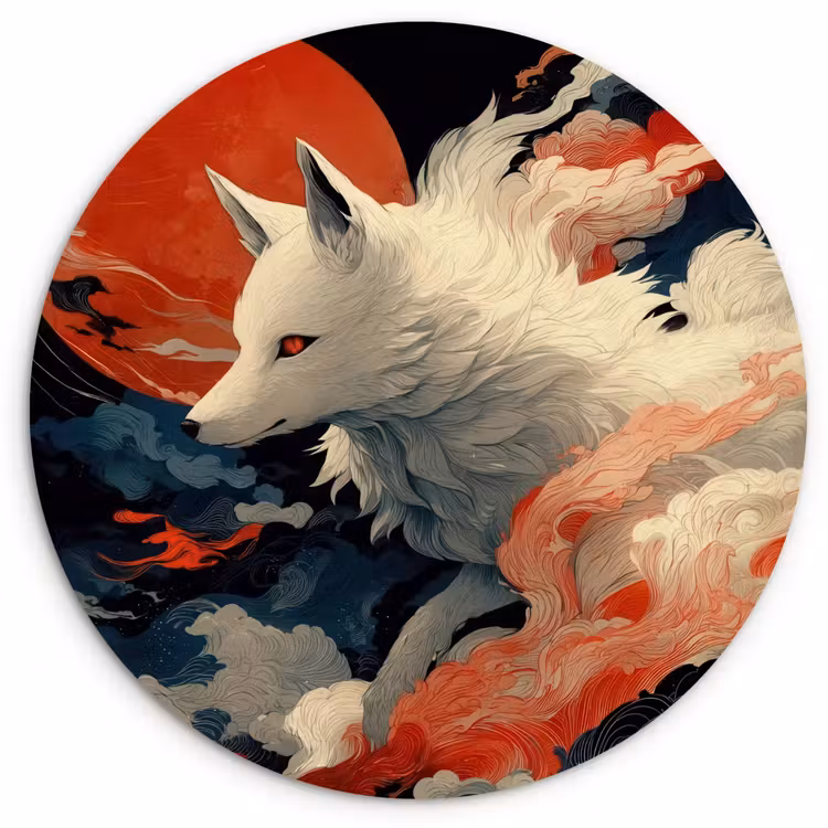 Witte vos - wolken - maan Wandcirkel kunststof plaat 5mm dik klein -3d