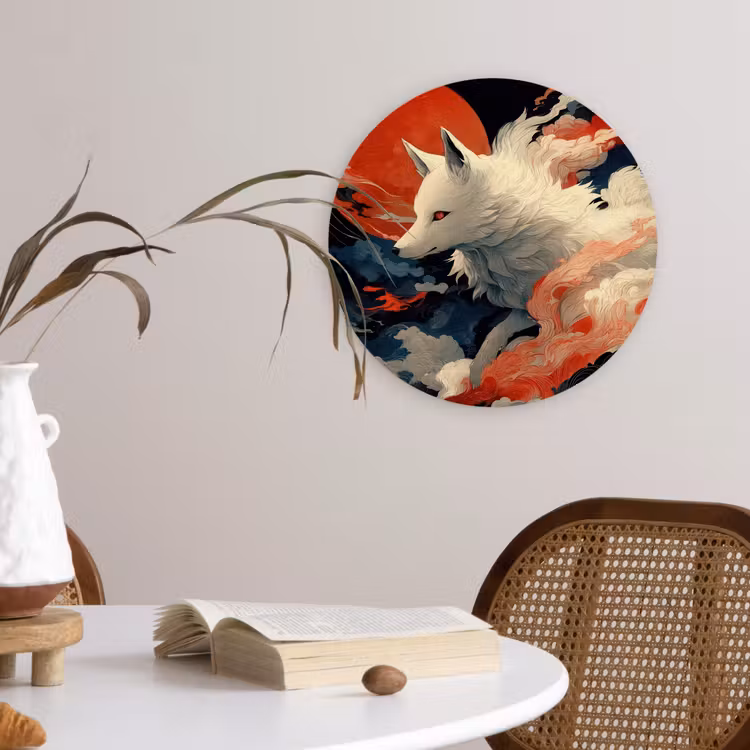 Witte vos - wolken - maan Wandcirkel kunststof plaat 5mm dik klein -sfeer4