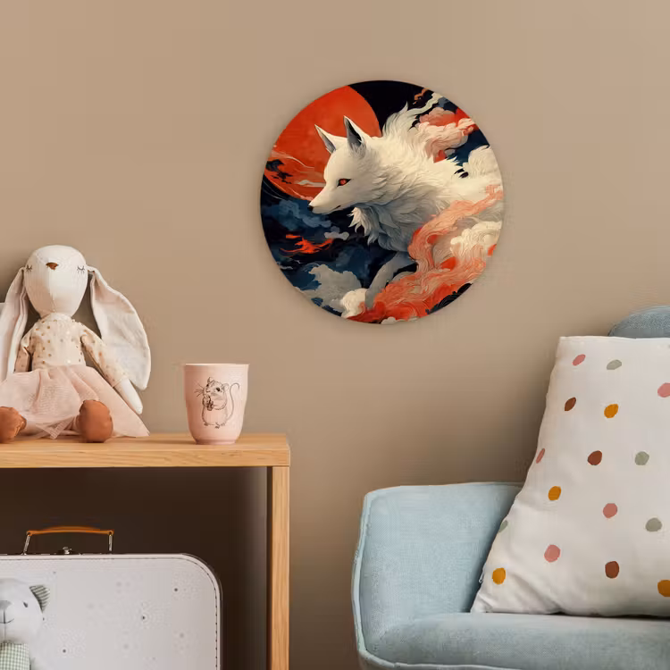 Witte vos - wolken - maan Wandcirkel kunststof plaat 5mm dik klein -tsfeer1_kind