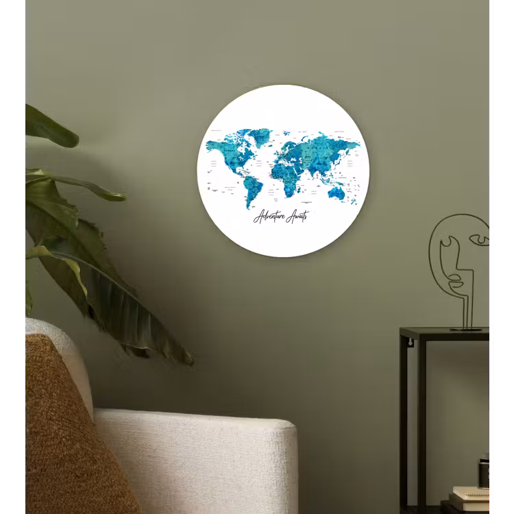 Wereldkaart - Blauw - Kleurrijk Wandcirkel kunststof plaat 5mm dik klein -sfeer3