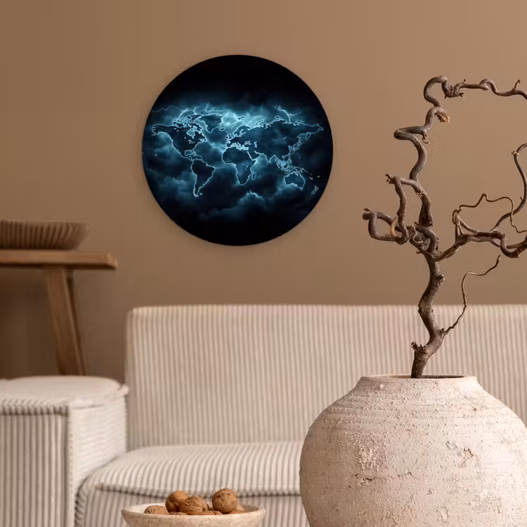 Wereldkaart - Bliksem - Blauw Wandcirkel kunststof plaat 5mm dik klein -sfeer1