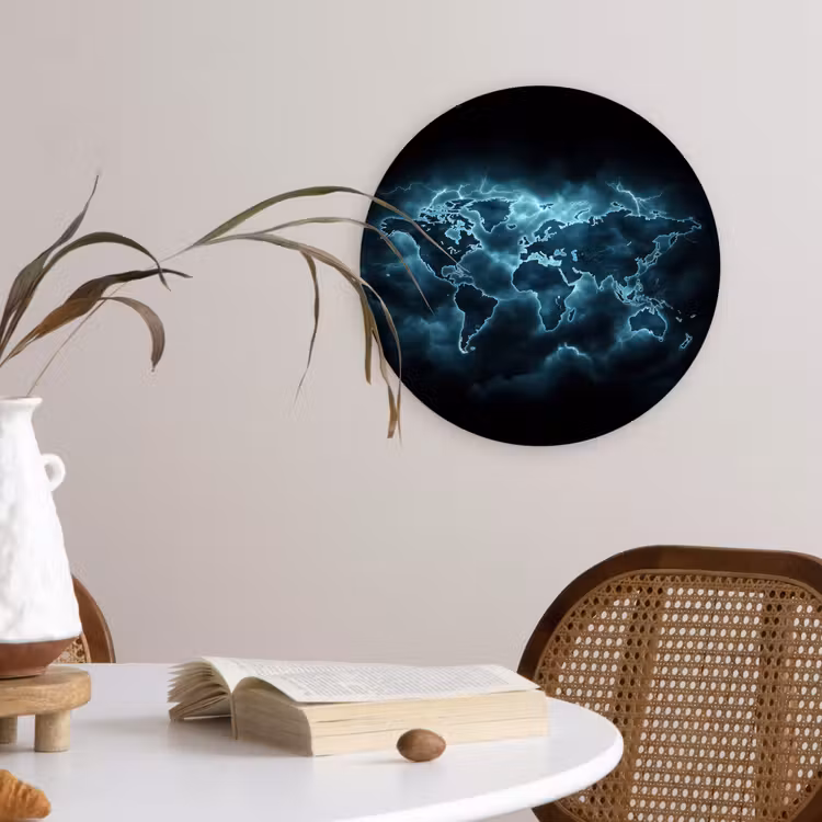 Wereldkaart - Bliksem - Blauw Wandcirkel kunststof plaat 5mm dik klein -sfeer4