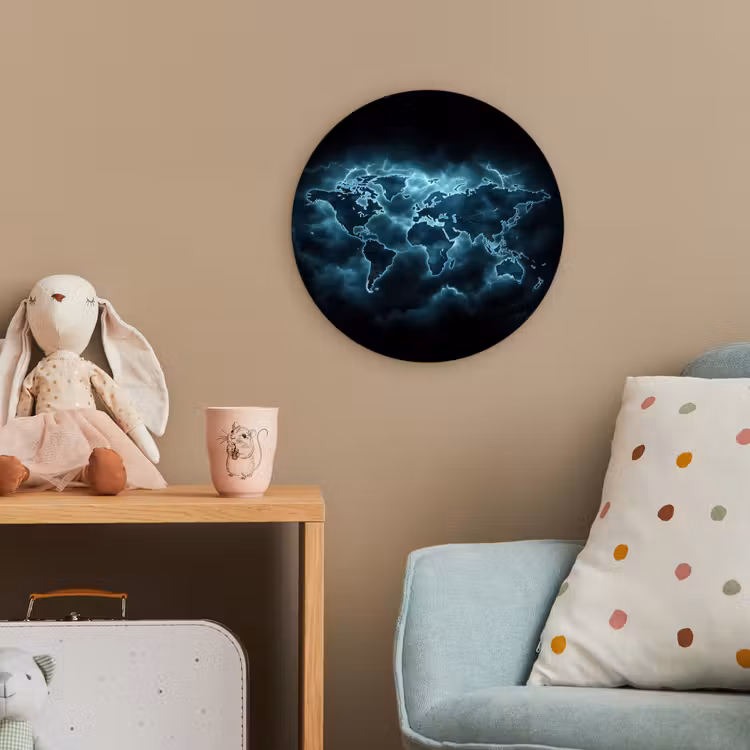 Wereldkaart - Bliksem - Blauw Wandcirkel kunststof plaat 5mm dik klein -tsfeer1_kind