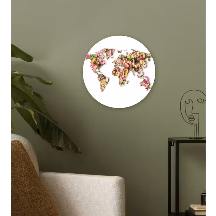 Wereldkaart - Bloemen - Felgekleurd Wandcirkel kunststof plaat 5mm dik klein -sfeer3