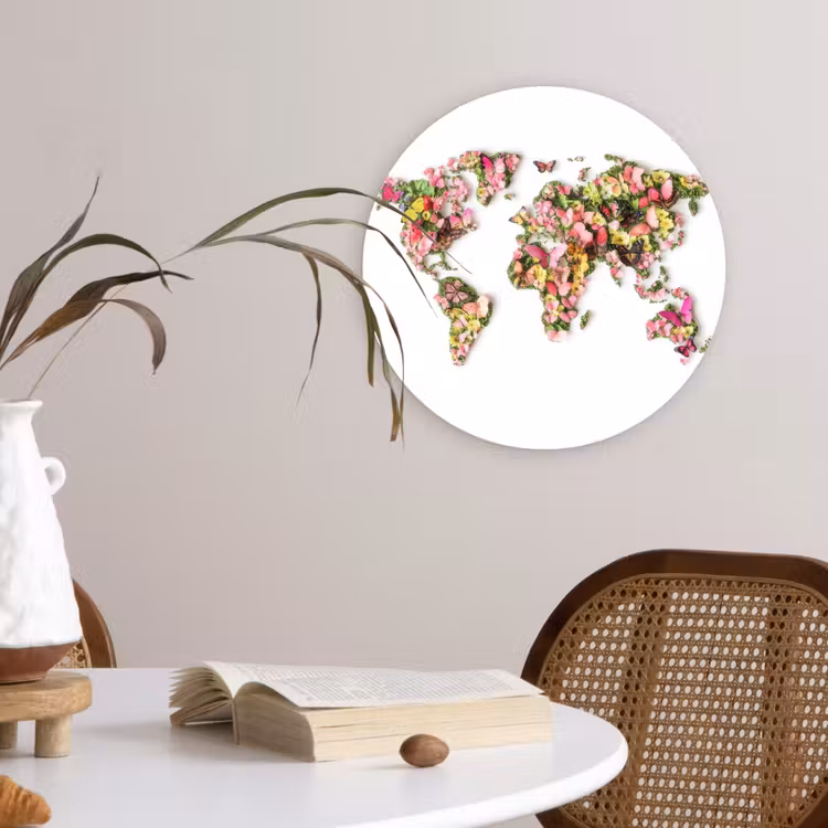 Wereldkaart - Bloemen - Felgekleurd Wandcirkel kunststof plaat 5mm dik klein -sfeer4