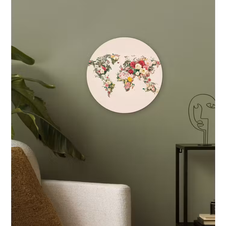 Wereldkaart - Bloemen - Roze Wandcirkel kunststof plaat 5mm dik klein -sfeer3