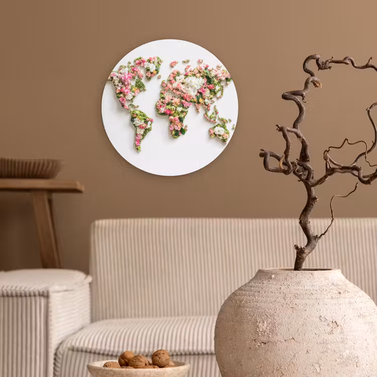 Wereldkaart - Bloemen - Subtiel Wandcirkel kunststof plaat 5mm dik klein -sfeer1