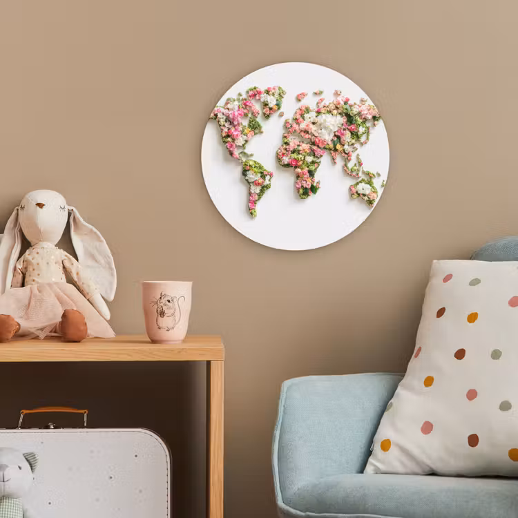Wereldkaart - Bloemen - Subtiel Wandcirkel kunststof plaat 5mm dik klein -tsfeer1_kind