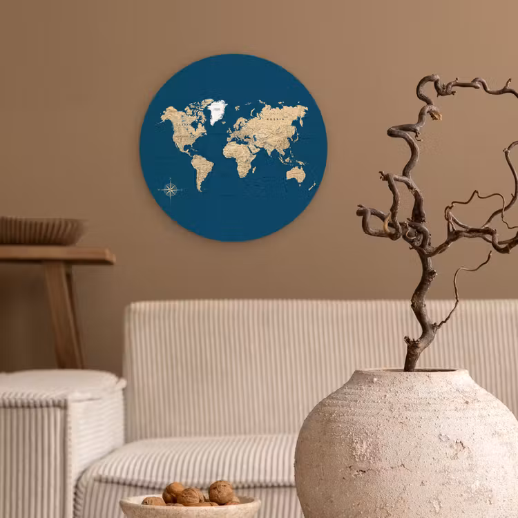 Wereldkaart - Donkerblauw - Beige Wandcirkel kunststof plaat 5mm dik klein -sfeer1