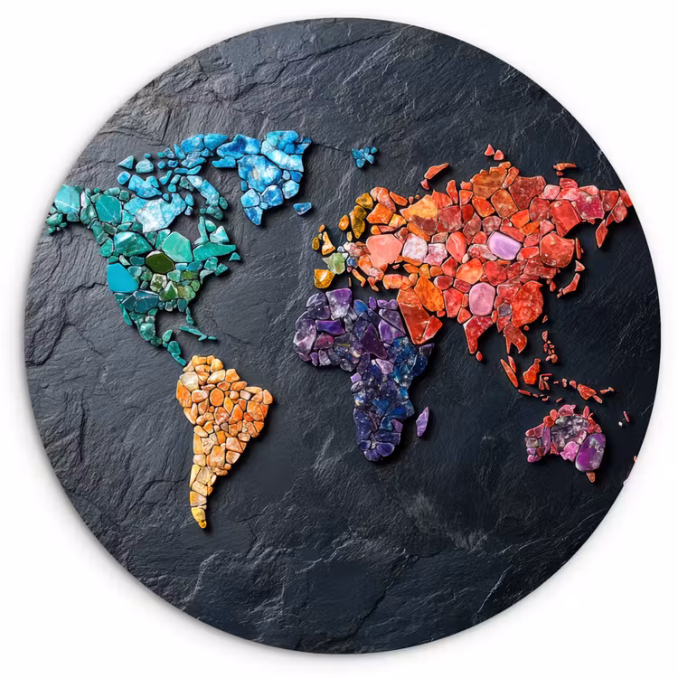 Wereldkaart - Edelstenen - Regenboog - Ruw Wandcirkel kunststof plaat 5mm dik klein -3d