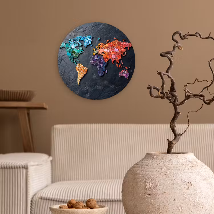 Wereldkaart - Edelstenen - Regenboog - Ruw Wandcirkel kunststof plaat 5mm dik klein -sfeer1