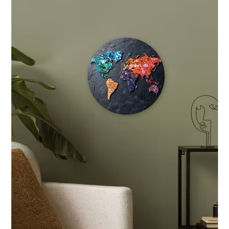 Wereldkaart - Edelstenen - Regenboog - Ruw Wandcirkel kunststof plaat 5mm dik klein -sfeer3