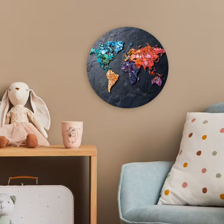 Wereldkaart - Edelstenen - Regenboog - Ruw Wandcirkel kunststof plaat 5mm dik klein -tsfeer1_kind