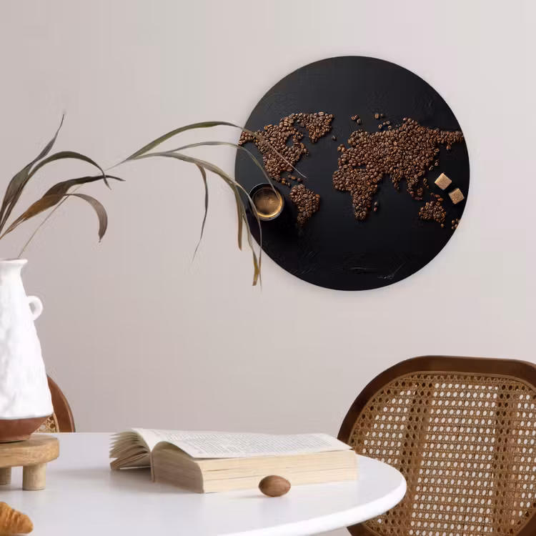 Wereldkaart - Espresso - Zwart Wandcirkel kunststof plaat 5mm dik klein -sfeer4