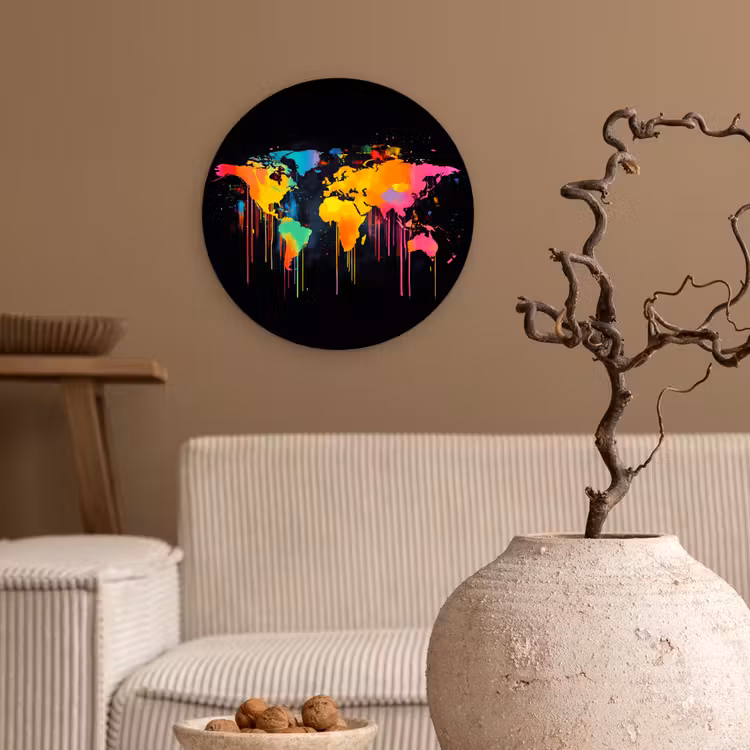 Wereldkaart - Verf - Kleurrijk - Graffiti - Wereld Wandcirkel kunststof plaat 5mm dik klein -sfeer1