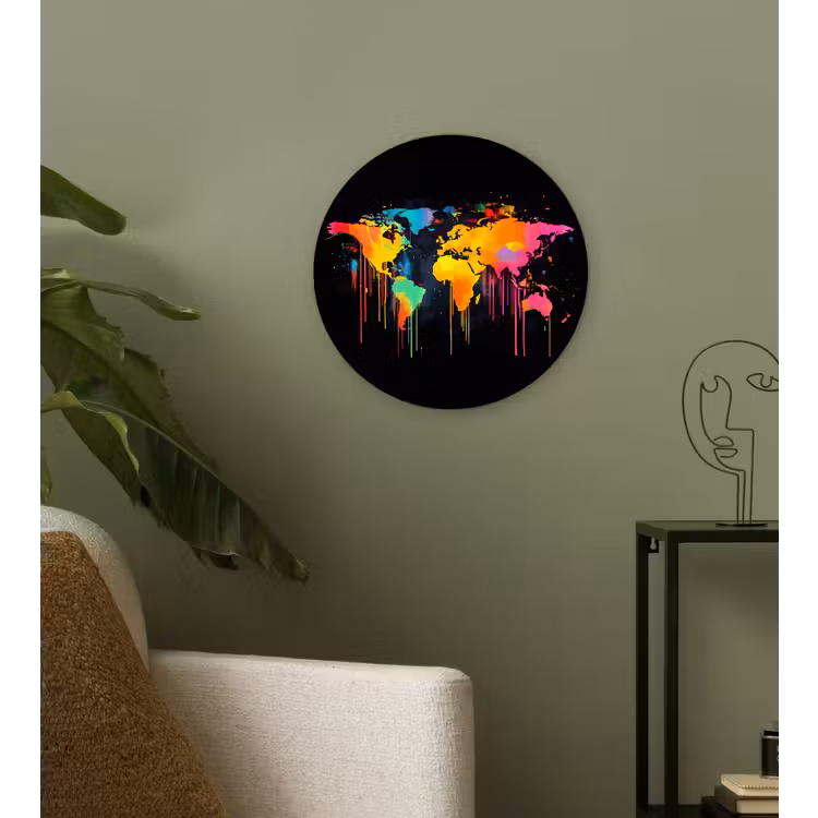 Wereldkaart - Verf - Kleurrijk - Graffiti - Wereld Wandcirkel kunststof plaat 5mm dik klein -sfeer3