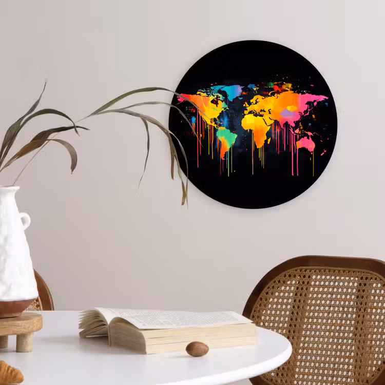 Wereldkaart - Verf - Kleurrijk - Graffiti - Wereld Wandcirkel kunststof plaat 5mm dik klein -sfeer4