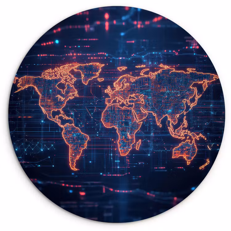 Wereldkaart - Futuristisch - Oranje Wandcirkel kunststof plaat 5mm dik klein -3d