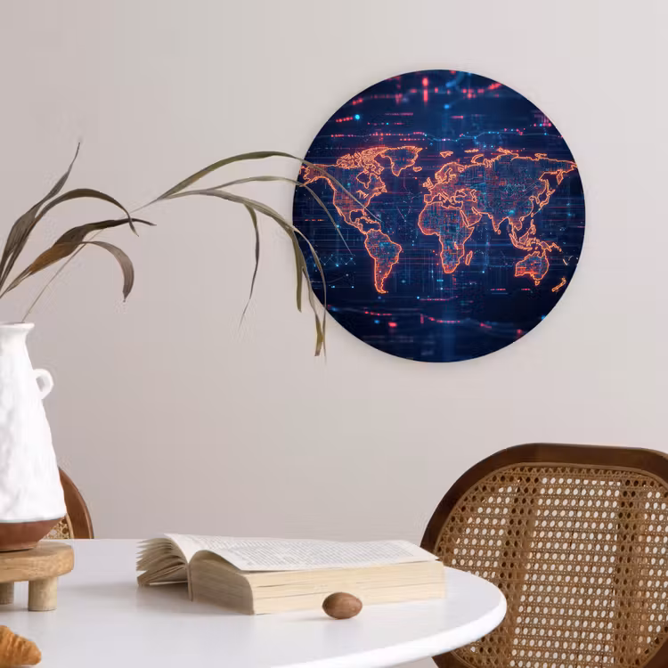 Wereldkaart - Futuristisch - Oranje Wandcirkel kunststof plaat 5mm dik klein -sfeer4