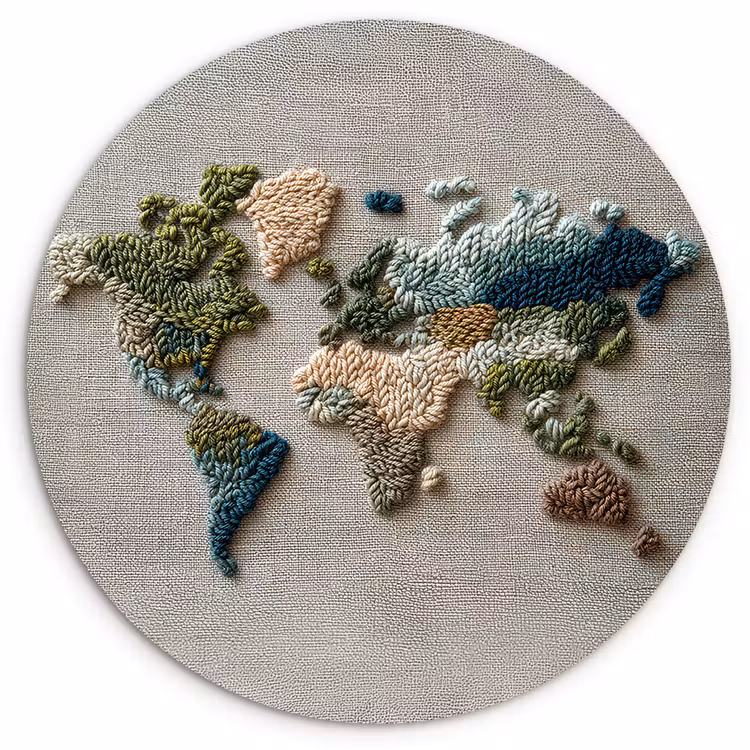 Wereldkaart - Geborduurd - Aardetinten Wandcirkel kunststof plaat 5mm dik klein -3d