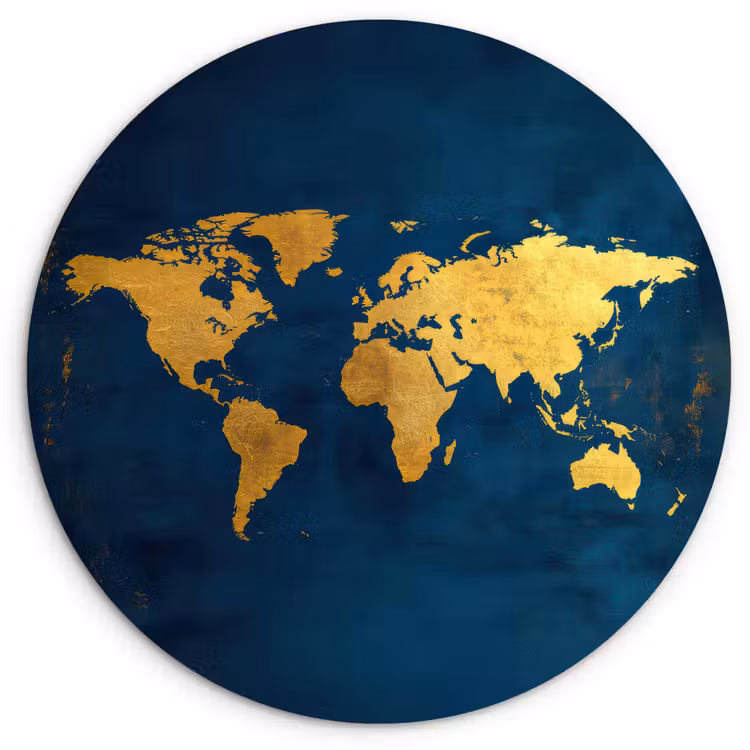 Wereldkaart - Goud - Donkerblauw Wandcirkel kunststof plaat 5mm dik klein -3d