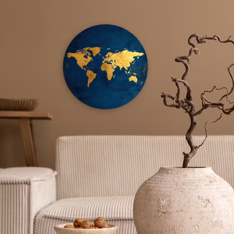 Wereldkaart - Goud - Donkerblauw Wandcirkel kunststof plaat 5mm dik klein -sfeer1