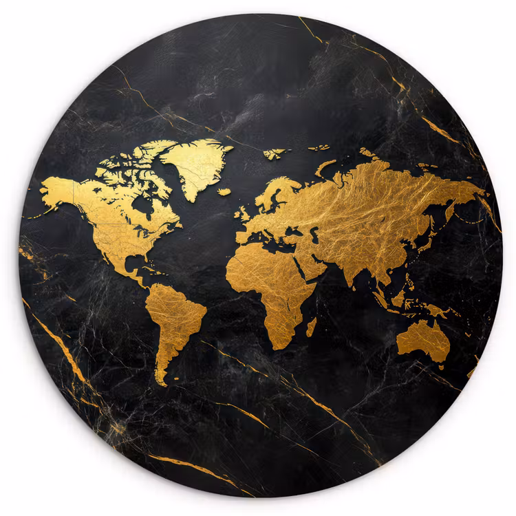 Wereldkaart - Goud - Marmer Wandcirkel kunststof plaat 5mm dik klein -3d