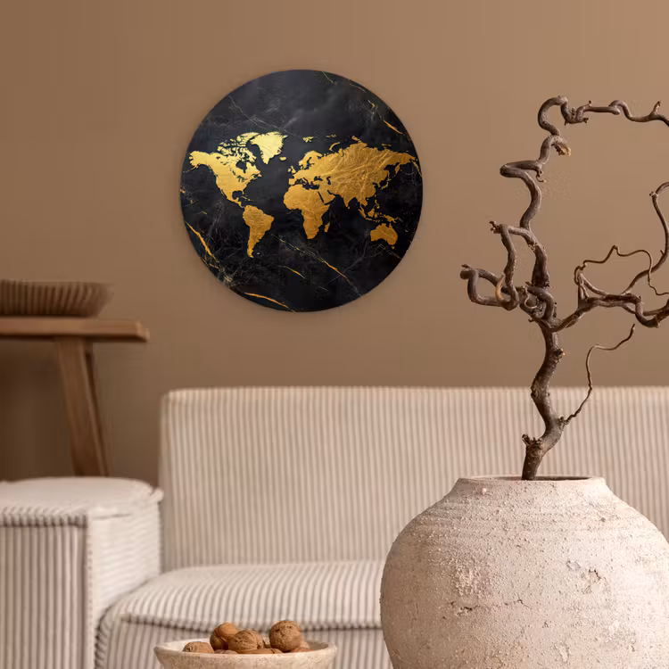 Wereldkaart - Goud - Marmer Wandcirkel kunststof plaat 5mm dik klein -sfeer1