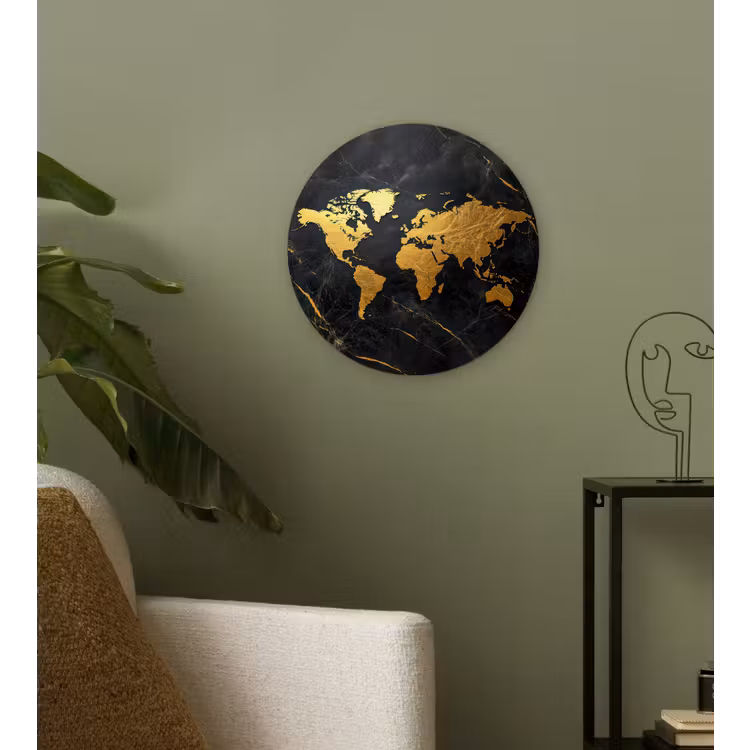 Wereldkaart - Goud - Marmer Wandcirkel kunststof plaat 5mm dik klein -sfeer3