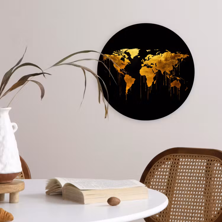 Wereldkaart - Goud - Druipen - Zwart Wandcirkel kunststof plaat 5mm dik klein -sfeer4