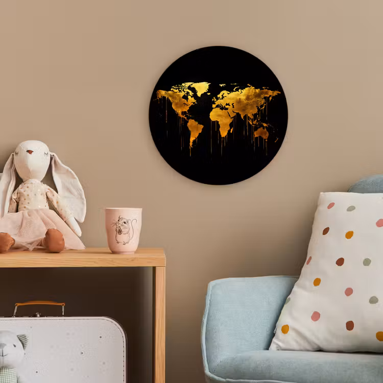 Wereldkaart - Goud - Druipen - Zwart Wandcirkel kunststof plaat 5mm dik klein -tsfeer1_kind