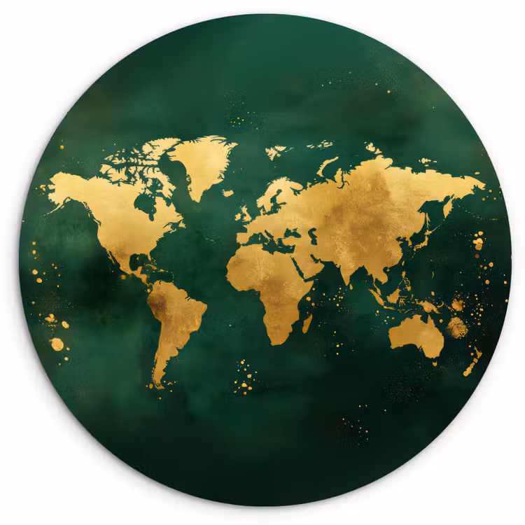 Wereldkaart - Groen - Goud Wandcirkel kunststof plaat 5mm dik klein -3d