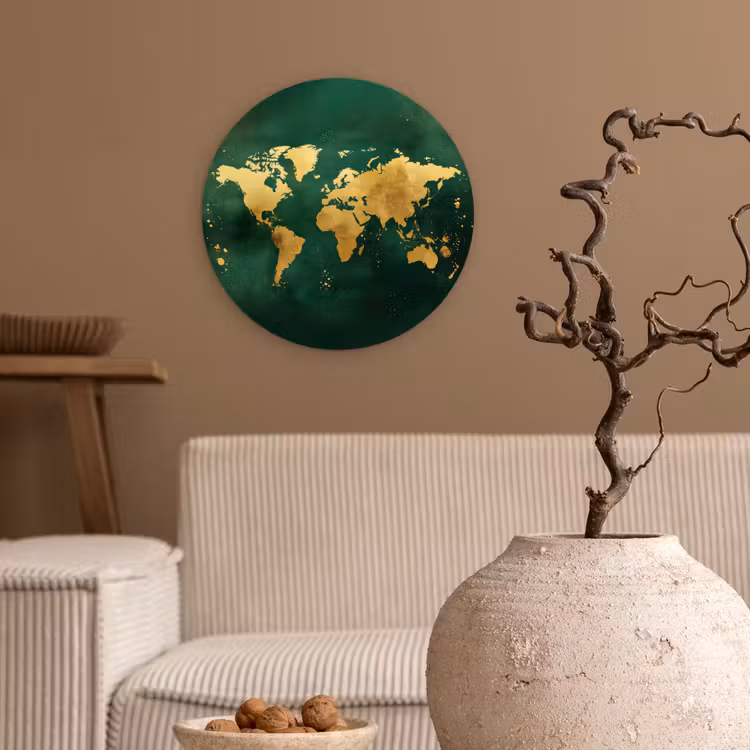 Wereldkaart - Groen - Goud Wandcirkel kunststof plaat 5mm dik klein -sfeer1