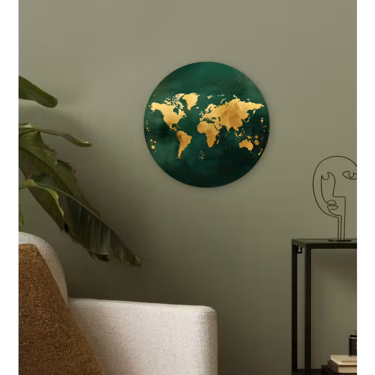 Wereldkaart - Groen - Goud Wandcirkel kunststof plaat 5mm dik klein -sfeer3
