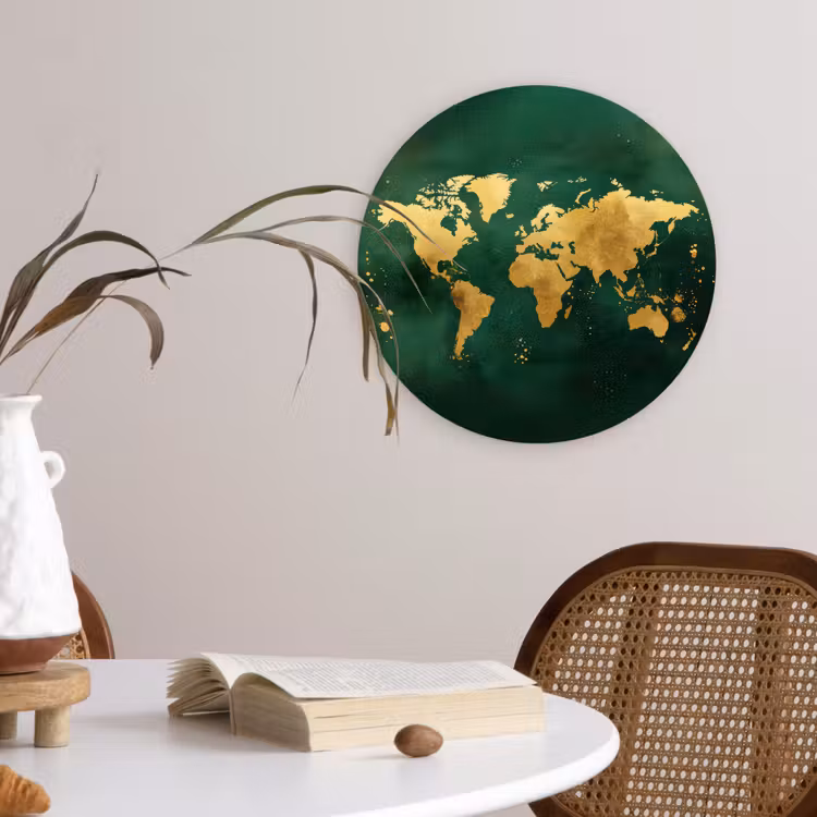 Wereldkaart - Groen - Goud Wandcirkel kunststof plaat 5mm dik klein -sfeer4