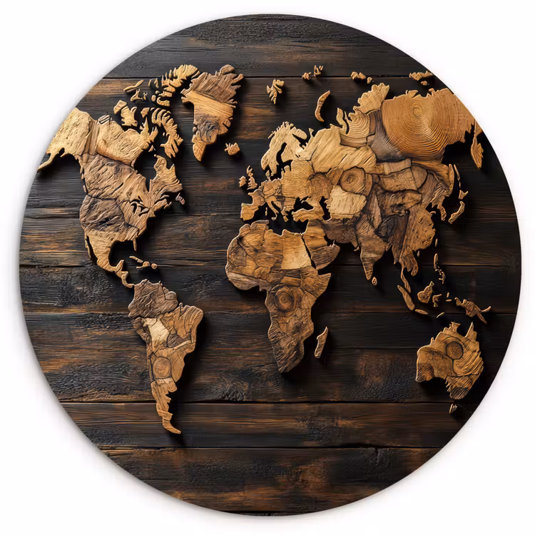 Wereldkaart - Hout - Mozaïek Wandcirkel kunststof plaat 5mm dik klein -3d