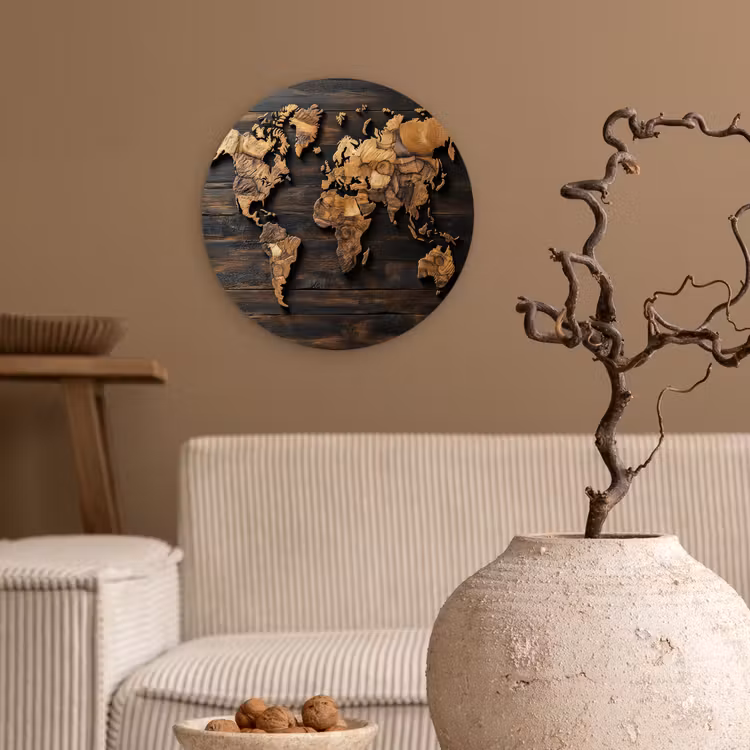 Wereldkaart - Hout - Mozaïek Wandcirkel kunststof plaat 5mm dik klein -sfeer1