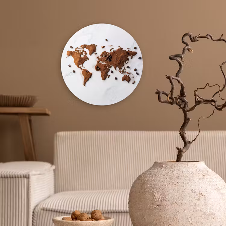 Wereldkaart - Koffie - Marmer Wandcirkel kunststof plaat 5mm dik klein -sfeer1