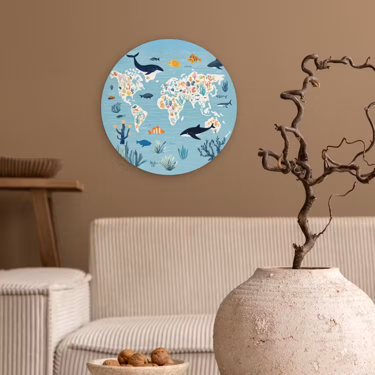 Wereldkaart - Zeeleven - Blauw Wandcirkel kunststof plaat 5mm dik klein -sfeer1