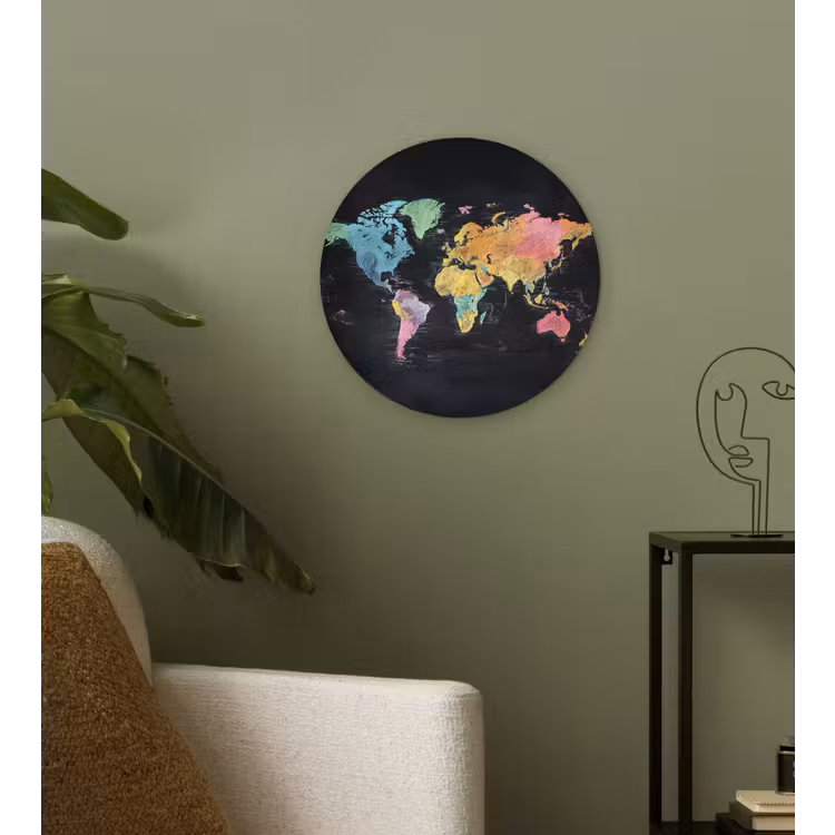 Wereldkaart - Krijtstrepen - Regenboog Wandcirkel kunststof plaat 5mm dik klein -sfeer3